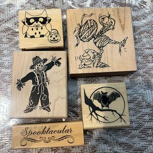 Lot of 5 Halloween Themed Wood Mounted Stamps. Brand New. Perfect Condition